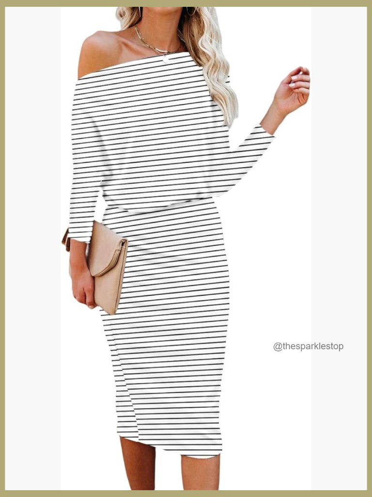 Women's Off The Shoulder 3/4 Sleeve Batwing Bodycon Midi Dress